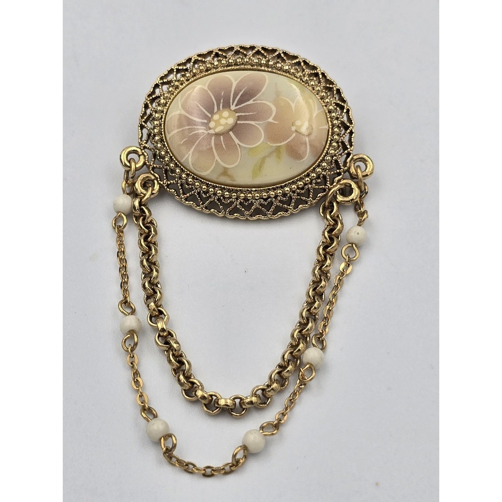 Vintage Style Floral Cameo Brooch Pin Gold Tone Filigree Chain Dangles Beads